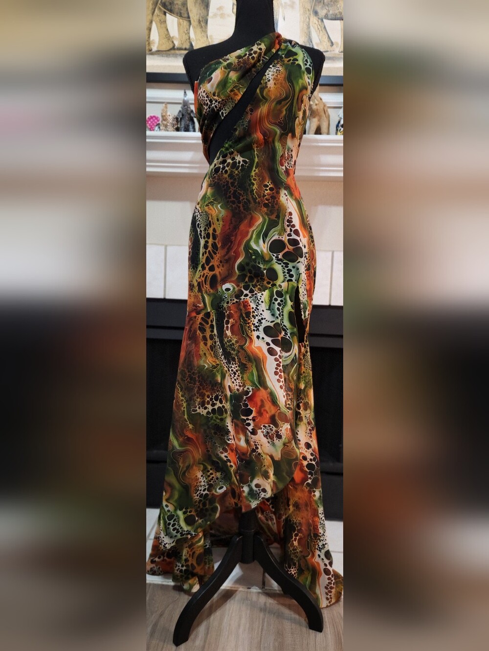 One-Shoulder Green & Orange Print Maxi Dress
